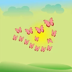 Poster illustratie van roze vlinders in de zon © arsica