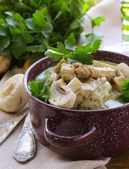 stew chicken in a creamy sauce with mushrooms