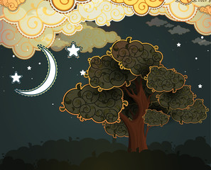 Cartoon clouds, moon and tree