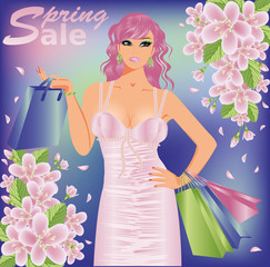 Spring sale shopping girl, vector illustration