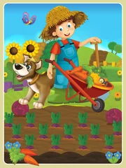 Fotobehang Boerderij Op de boerderij - de vrolijke illustratie voor de kinderen