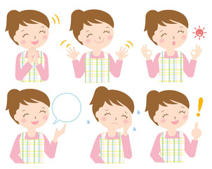 エプロン 女性　様々な表情