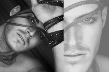 Collage of a beautiful young man with strip of leather - obrazy, fototapety, plakaty