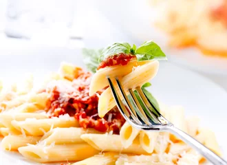 Acrylic prints meal dishes Pasta Penne with Bolognese Sauce, Basil and Parmesan