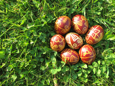 Croatian traditional Easter eggs on green grass