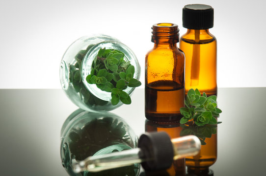 essential oil with oregano leaves
