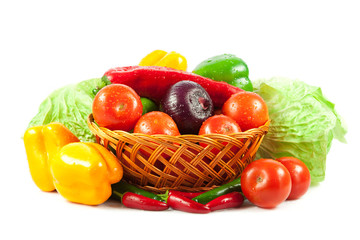 Fresh vegetables in basket isolated on white. Bio Vegetable.  Co