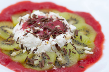 Dessert with cottage cheese, chocolate, nuts and jam