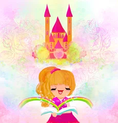 Door stickers Rainbow little girl reading fairy tales