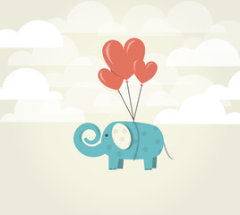 Heart balloons lifting up green elephant.Power of Love concept.