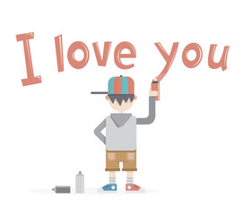 Boy painting I love you graffiti