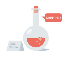 Love potion with love elixir saying Drink me!