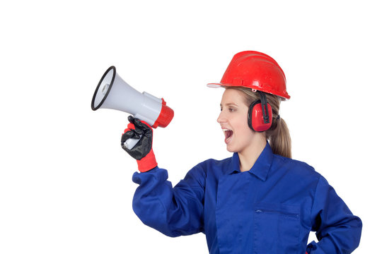 Industrial worker woman with a megaphone