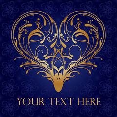 Ornate golden heart on royal blue fancy background