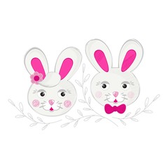 Obraz na płótnie Canvas szaro różowe króliki z gałązkami romantyczna ilustracja