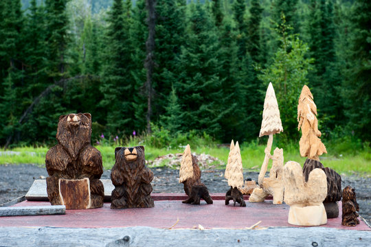 Wood Carved Bears And Trees In Cooper Landing Alaska