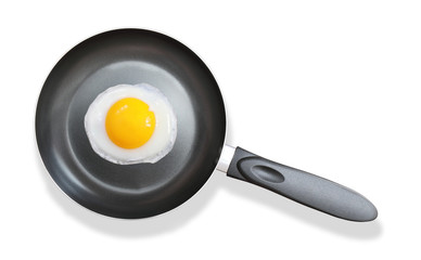 frying pan with fried egg on white