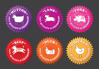 Set of meat labels: Mutton, lamb, pork, beef, duck and chicken