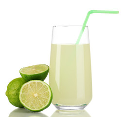 Delicious lemon juice in glass and limes next to it isolated