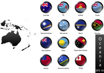 Glossy metal flag buttons, Oceania countries