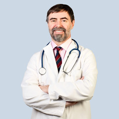 happy middle-aged doctor with stethoscope