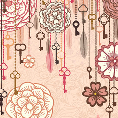 Vintage vector background with flowers,keys and feathers