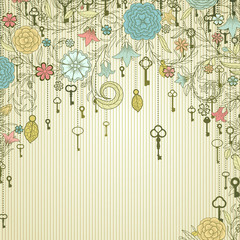 Vintage background with doodle flowers and keys