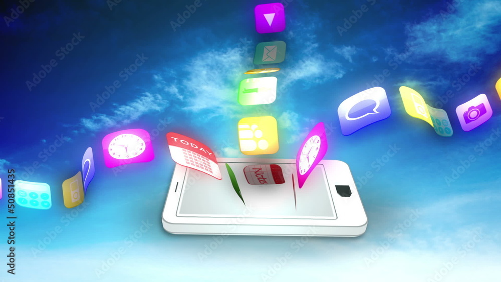 Poster application icons floating from white smartphone