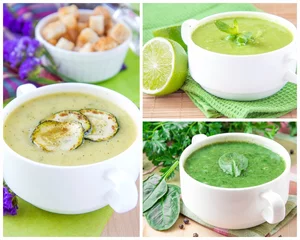 Foto op Canvas Collage with a green healthy cream soups for menu © maria_lapina