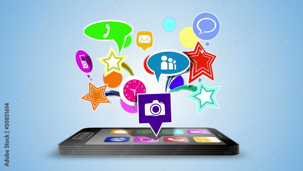Poster application icons floating above black smartphone