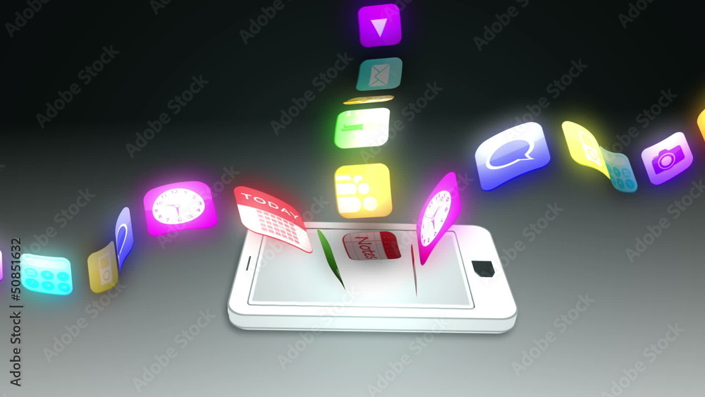 Poster application icons beaming from white smartphone