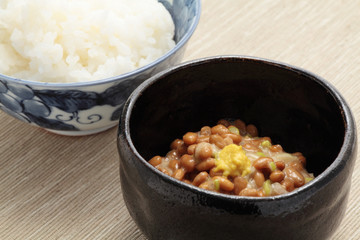 Natto, fermented soybeans and boiled rice