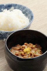 Natto, fermented soybeans and boiled rice