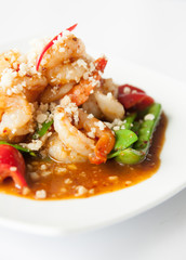 Thai food stir fried prawn with garlic.