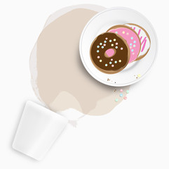 Fresh donuts with spilled tea or coffee