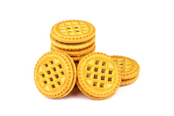 Sandwich biscuits with chocolate filling on a white background