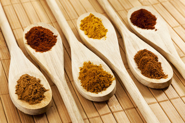 Six spices on wooden spoons