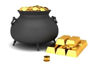 Cauldron of golden coins on a white background.