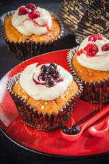 Raspberry and blueberries muffin on a red plate