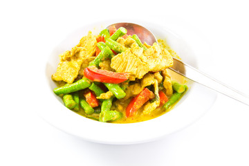 Stired slice pork in spicy curry with beans