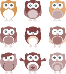 Set of nine cartoon owls with various emotions