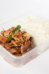 Thai take away food, garlic beef with rice