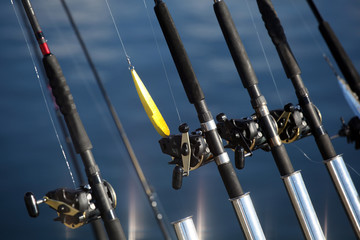 Fishing rods and lure at trolling boat. Scandinavia.