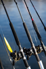 Fishing rods and lure at trolling boat. Scandinavia.