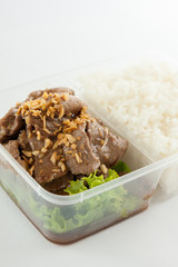 Thai take away food, garlic beef with rice