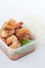 Thai take away food, stir fried prawn with rice