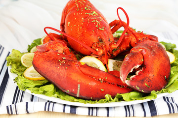 Red lobster on platter on serving table close-up