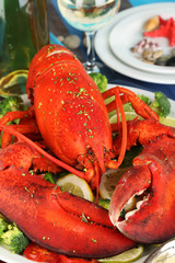 Red lobster on platter on serving table close-up