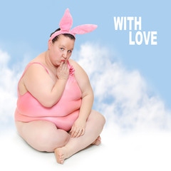 Funny woman with rabbit ears. Picture with space for your text.