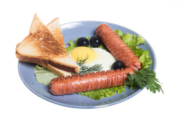 breakfast with sausages, toast and egg
